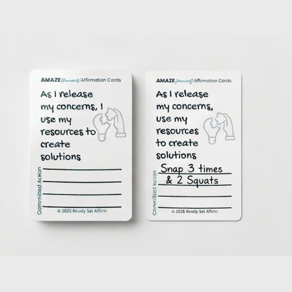 A detailed close-up showing two 'AMAZE Yourself Affirmation Cards' side-by-side against a soft background. The left card features the affirmation 'As I release my concerns, I use my resources to create solutions' with blank lines for user input. The right card shows the same content with a handwritten committed action: 'Snap 3 times & 2 Squats'. A black pen rests beside the right card, illustrating its use. Copyright 2026 Ready Set Affirm.