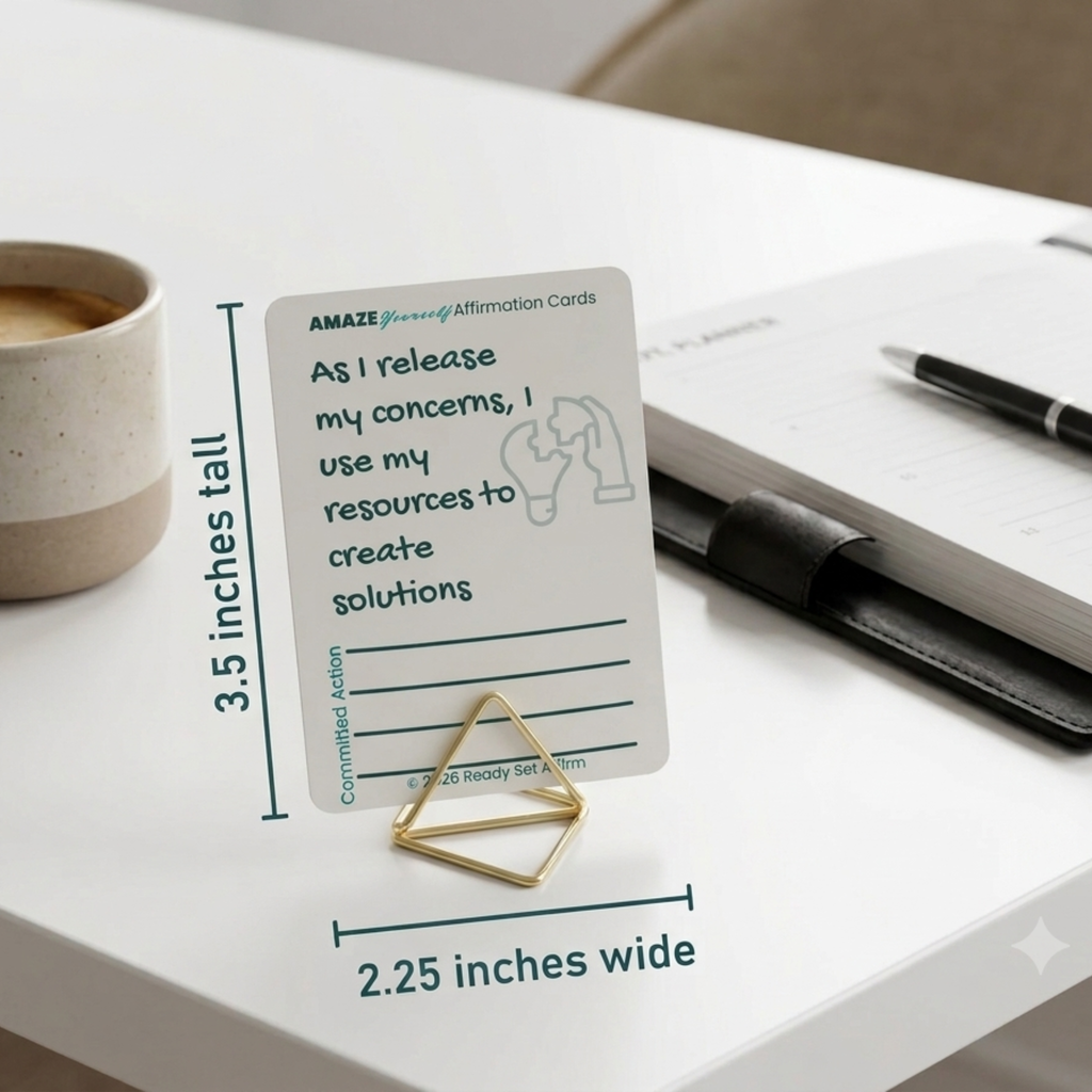 professional office desk setup featuring a single 'AMAZE Yourself' affirmation card resting in a modern, geometric gold wire card holder. The textured card displays the stress-management affirmation, 'As I release my concerns, I use my resources to create solutions' (card by Ready Set Affirm), with blank lines below for writing a committed Action for the day. Placed on a clean, bright white desk, the card stands next to a rustic ceramic coffee mug filled with fresh espresso. A sleek black pen and minimalist